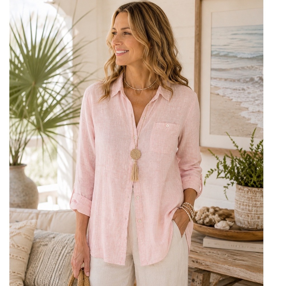 Chico's Design Pink 100% Linen Button Down Shirt Coastal Grandma‎ Size 2 Large